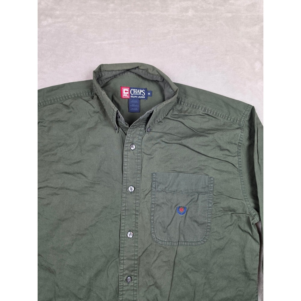 Chaps Button Down Shirt Mens Medium Green Long Sleeve Cotton Solid Logo Pocket